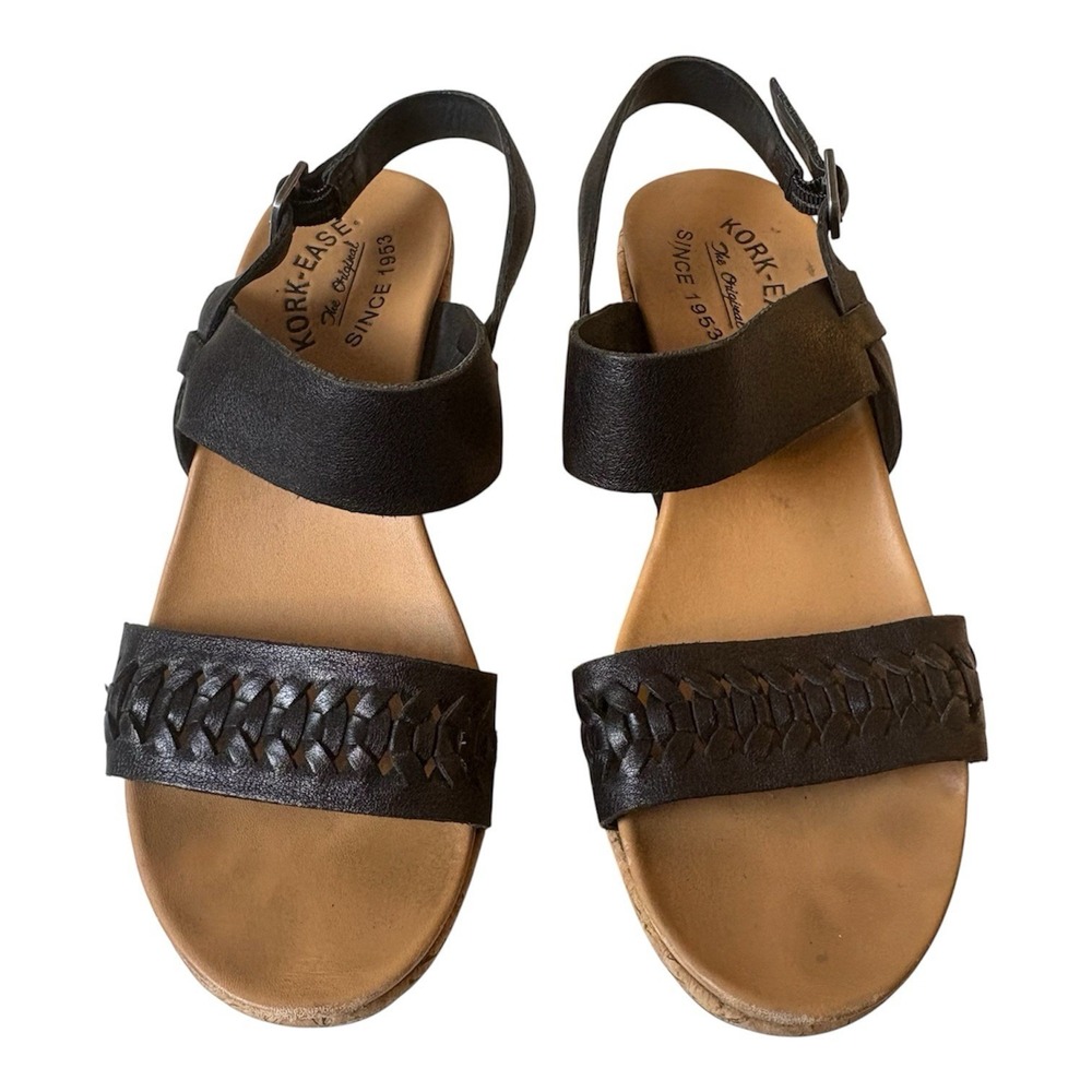 Kork-Ease 7M Austin Braid Black Leather Platform Cork Wedge Sandals Shoes